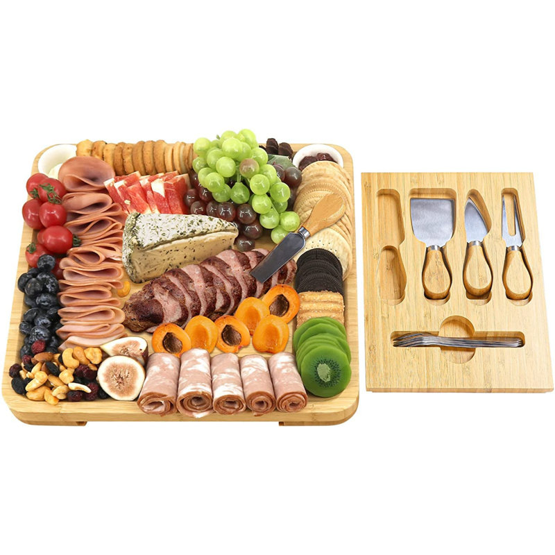 Loon Peak® Cheese Board And Knife Set, Bamboo Charcuterie Board With SlideOut Drawer